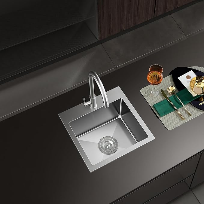 ROVATE 15 x 15 x 8 inch Drop in Bar Sink, Small Top-mount Kitchen Sink Single Bowl, Overmount Handmade 304 Stainless Steel Bar Sinks with Basket Strainer