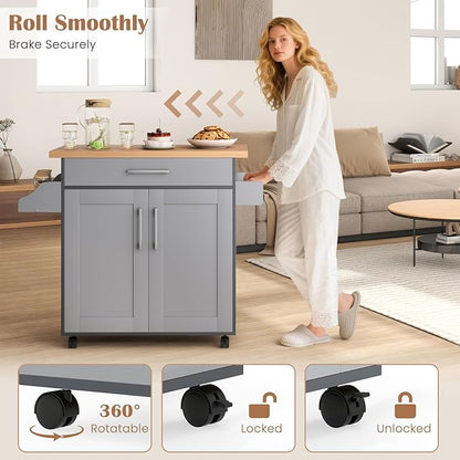 Giantex Kitchen Island, Rolling Kitchen Cart with Spice and Towel Rack, Large Drawer & 2-Door Storage Cabinet, Home Service Cart on Lockable Wheels, Wood Kitchen Trolley, Spacious Tabletop (Gray)