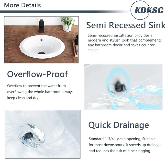 Bathroom Vessel Sink 16'' x 12'' Semi Recessed Bathroom Sink Oval Drop In Sink with Overflow White Ceramic Modern Vessel Sinks for Bathroom