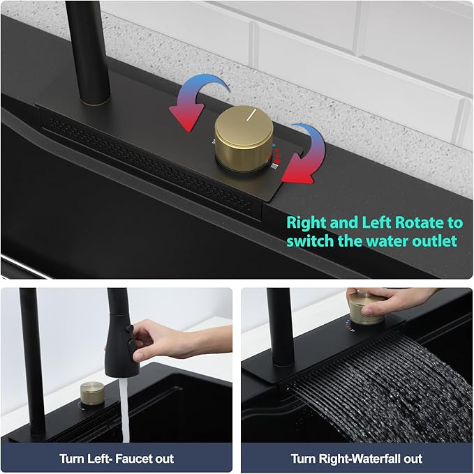 33 Waterfall Kitchen Sink - Beslend 33x22 inch Matte Black Granite Composite Waterfall Workstation Sink Drop In Waterfall Sink with Faucet, Topmount Dish Basin Above Counter Single Bowl