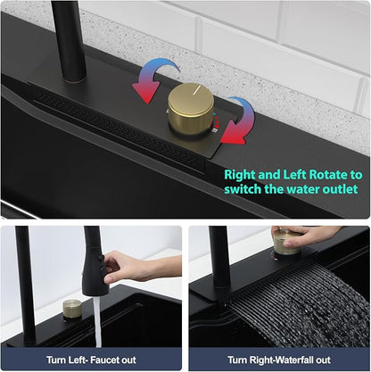 33 Waterfall Kitchen Sink - Beslend 33x22 inch Matte Black Granite Composite Waterfall Workstation Sink Drop In Waterfall Sink with Faucet, Topmount Dish Basin Above Counter Single Bowl