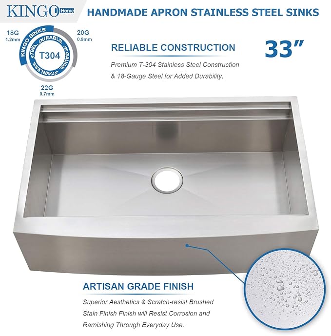 KINGO HOME 33 Inch 18 Gauge Handmade Stainless Steel Single Bowl Farmhouse Sink, Modern Farm Sink 33 Inch Apron Farmer Sinks for Kitchen Rustic With Accessories