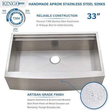 KINGO HOME 33 Inch 18 Gauge Handmade Stainless Steel Single Bowl Farmhouse Sink, Modern Farm Sink 33 Inch Apron Farmer Sinks for Kitchen Rustic With Accessories