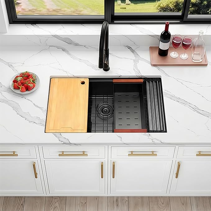 32 Inch Black Undermount Kitchen Sink,16 Gauge 304 Stainless Steel Kitchen Sink Single Bowl, 32"x19"x10" Undermount Sink Ledge Workstation Sinks With All Accessories, Large and Deep Sink