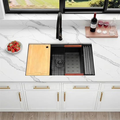 32 Inch Black Undermount Kitchen Sink,16 Gauge 304 Stainless Steel Kitchen Sink Single Bowl, 32"x19"x10" Undermount Sink Ledge Workstation Sinks With All Accessories, Large and Deep Sink
