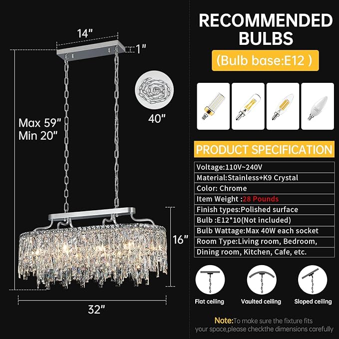 10 Light Crystal Chandelier | Chrome Oval-Shaped Crystal Chandeliers for Dining Room Light Fixture, 32" Modern Ceiling Lighting Fixture for Dining Room Kitchen Island Bar