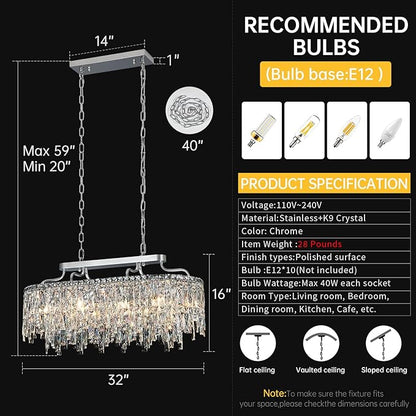 10 Light Crystal Chandelier | Chrome Oval-Shaped Crystal Chandeliers for Dining Room Light Fixture, 32" Modern Ceiling Lighting Fixture for Dining Room Kitchen Island Bar