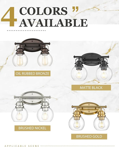 Bathroom Light Fixtures, 2-Light 14" Brushed Nickel Vanity Lights with Clear Globe Glass Shades, Farmhouse Vintage Vanity Lighting Fixtures Over Mirror, E26 Base, AD-2147-2W-SN