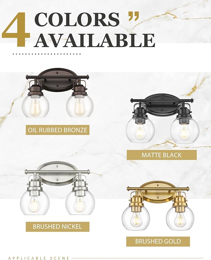 Black Bathroom Light Fixtures, 2-Light 14" Vanity Lights with Clear Globe Glass Shades, Farmhouse Vintage Vanity Lighting Fixtures Over Mirror, E26 Base, AD-2147-2W-BK