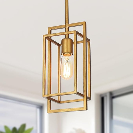 KSANA Antique Gold Pendant Lighting, Modern Golden Geometric Cage Hanging Light Fixture for Kitchen Island, Foyer, Dining Room and Hallway