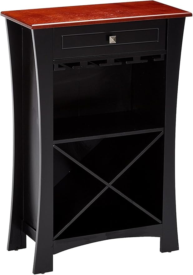Kings Brand Hiland Bar Cabinet Wine Storage With Glass Holders & Drawer, Black, Black