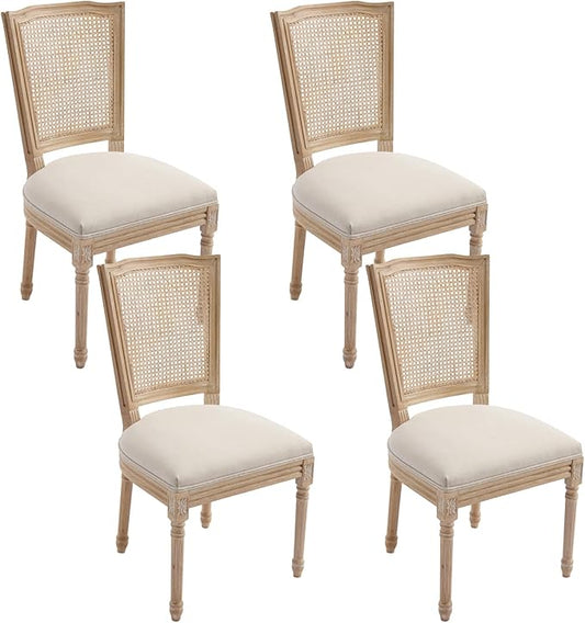 Farmhouse Vintage Dining Chairs Set of 4, Linen Fabric Dining Chairs with Square Rattan Backrest, Kitchen & Dining Room Chairs for Restaurant/Living Room (Beige-Rattan, Set of 4)