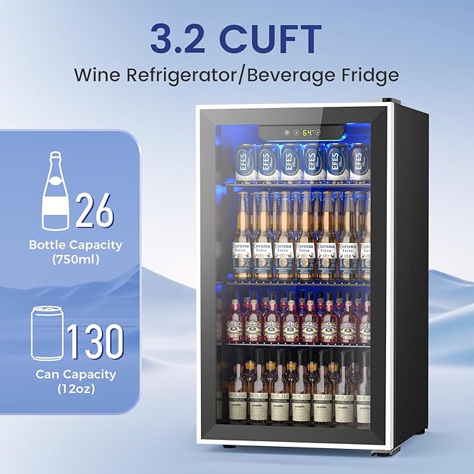 Electactic 26 Bottle Wine Cooler 130 Can Beverage Refrigerator, Small Freestanding Cabinet Wine Cellar with 32℉-61℉ Temperature Control Glass Door, Black