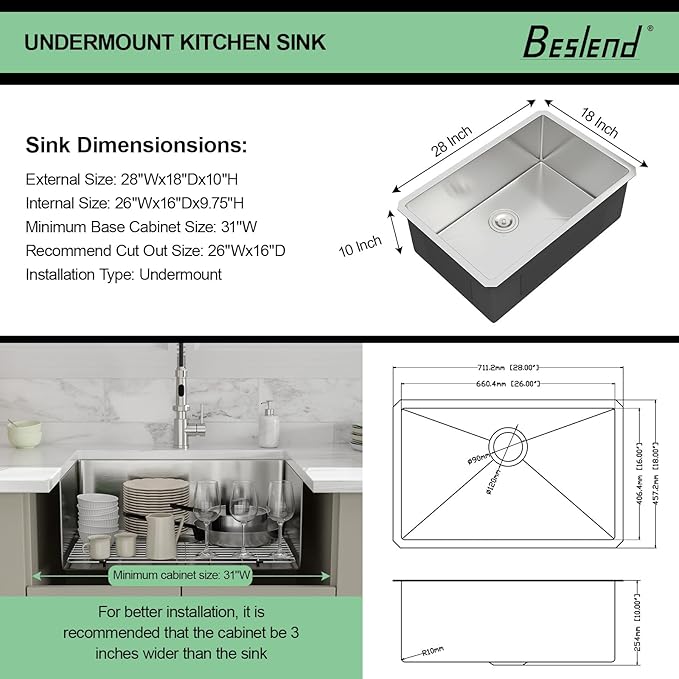 28 Inch Undermount Kitchen Sink - Beslend 28x18x10 Inch Undermount Stainless Steel Kitchen Sink 16 Gauge Single Bowl Round Corner Under Counter Single Basin