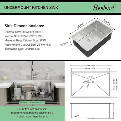 28 Inch Undermount Kitchen Sink - Beslend 28x18x10 Inch Undermount Stainless Steel Kitchen Sink 16 Gauge Single Bowl Round Corner Under Counter Single Basin