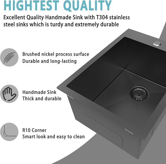 15 x 20 Inch Drop In Bar Sink Black, 18 Gauge Gunmetal Black Stainless Steel Single Bowl Topmount Wet Bar & RV Sink with Bottom Grid & Basket Strainer