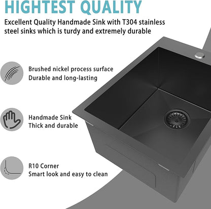 15 x 20 Inch Drop In Bar Sink Black, 18 Gauge Gunmetal Black Stainless Steel Single Bowl Topmount Wet Bar & RV Sink with Bottom Grid & Basket Strainer