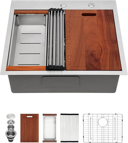 Sarlai 25 Kitchen Sink Drop-In Workstation - 25 x 22 Inch Topmount Ledge Stainless Steel 16 Gauge Single Bowl Over Counter for Kitchen, Laundry, Utility Room