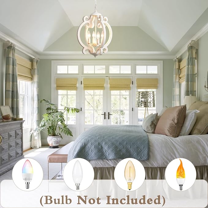 ALISADABOY Dining Room Chandelier Farmhouse Rustic White Wood Light Fixture Antique Orb Pendant Lighting for Kitchen Island Living Room Bedroom Entryway Foyer Staircase, 4 Light