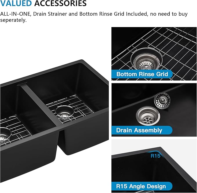 33 Granite Composite Kitchen Sink Double Bowl - Fulorni 33"×19" Granite Kitchen Sink Black Undermount Double Bowl 50/50 Matte Black Quartz Classic Composite Under Counter Sink Basin