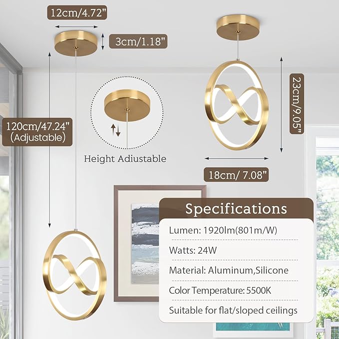 Modern LED Pendant Light Fixtures 5500K Pendant Lights Kitchen Island Lighting Adjustable Height Gold Hanging Lamp for Dining Room Bedroom Living Room,3 Packs