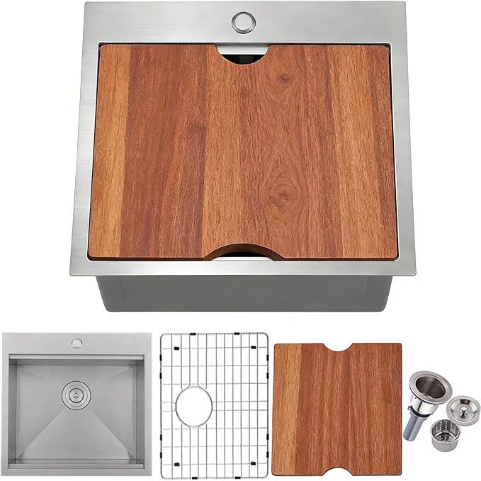 Drop In Kitchen Sink, 21x20 Inch Bar Sink Workstation Stainless Steel Outdoor Topmount Small Sinks, 16 Gauge Single Bowl Kitchen Sinks for Laundry Office Wet Bar Prep RV Yard with Accessories