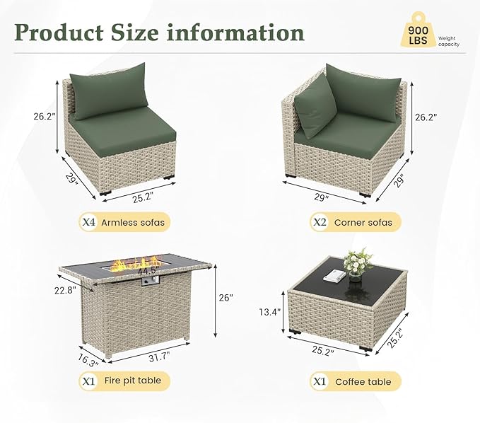 UDPATIO Patio Furniture Set with Fire Pit Table, 8 Pieces Outdoor Sectional Sofa, PE Wicker Patio Conversation Set for Garden, Backyard Green
