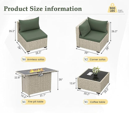 UDPATIO Patio Furniture Set with Fire Pit Table, 8 Pieces Outdoor Sectional Sofa, PE Wicker Patio Conversation Set for Garden, Backyard Green