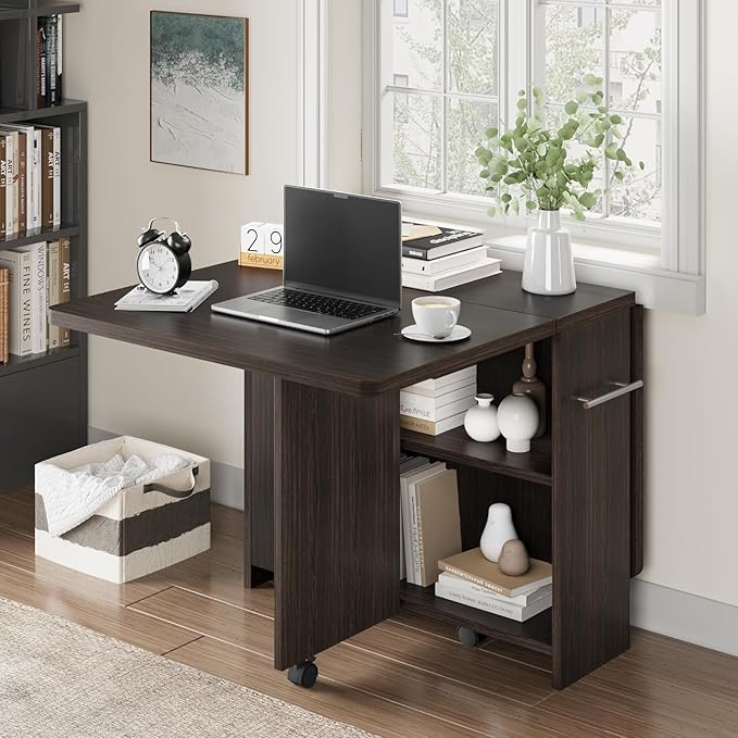 IDEALHOUSE FoldingTable, Drop Leaf Dining Table with 6 Wheels and 2-Layer Storage Shelf, Space Saving Table for Small Spaces (Dark Walnut, 47.2" D x 23.6" W x 29.5" H)