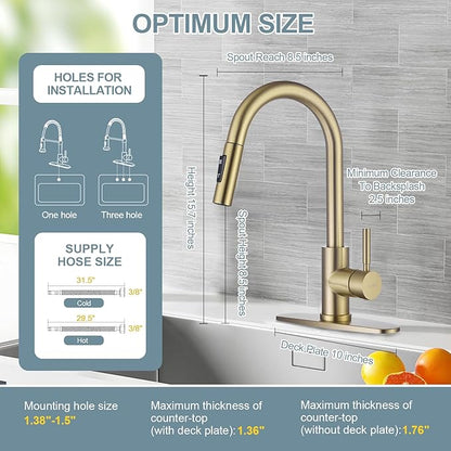Gold Kitchen Faucets with Soap Dispenser, Single Handle High Arc Stainless Steel Sink Faucet with Pull Down Sprayer, 1 or 3 Hole Deck Plate Mount for Bar, RV, Laundry, Outdoor