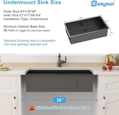 33 Inch Black Undermount Kitchen Sink-33x19 Gunmetal Black Undemrount Sink 18 Gague Stainless Steel Single Bowl Handmade Sinks Large Deep Under Counter Basin 33"x19"x9"