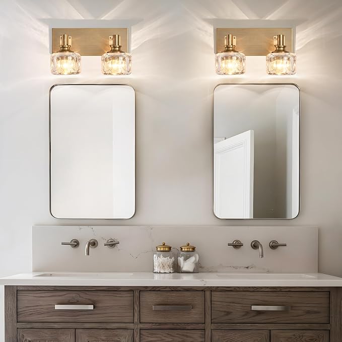 Bathroom Vanity Lights 13.4" Vintage Crystal Glass Vanity Light 2 Lights Brass Antique Bathroom Light Fixtures(7.7pounds)