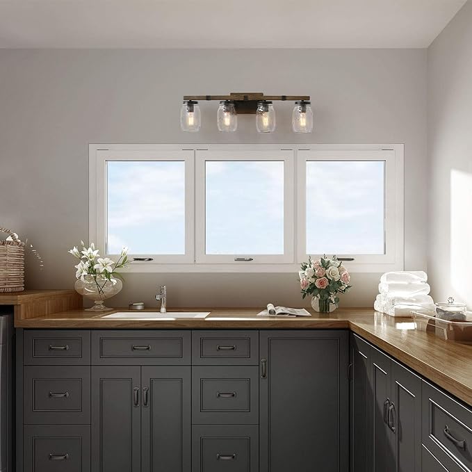 LOG BARN Rustic Bathroom Vanity Light with Mason Jar Glass, Farmhouse 4-Light Sconces Wall Lighting, Faux-Wood Finish, 29 inches