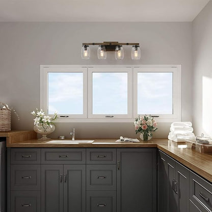 LOG BARN Rustic Bathroom Vanity Light with Mason Jar Glass, Farmhouse 4-Light Sconces Wall Lighting, Faux-Wood Finish, 29 inches