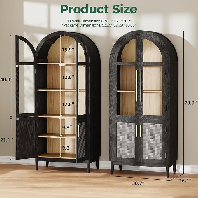 71”Arched Storage Cabinet with Glass & Rattan Door 5-Tier Farmhouse Kitchen Arch Cabinets with Adjustable Feet for Living Room, Black