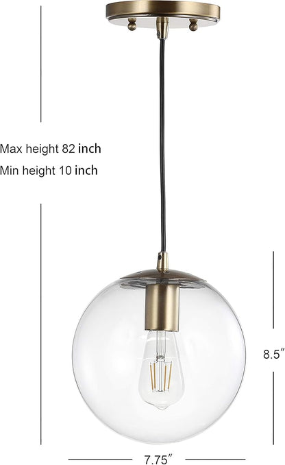 JONATHAN Y 7.75" Clear/Brass Gold Modern Globe LED Pendant Light, Industrial Hanging Ceiling Lamp for Kitchen Island, White Glass Globe Shade, LED Bulb Included (JYL9528C)