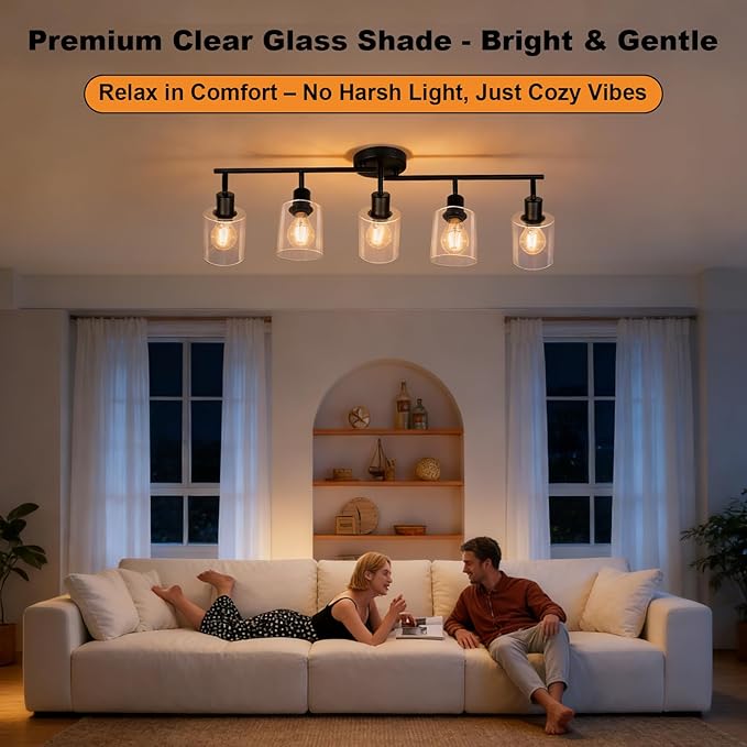 HiBay 5-Light Black Track Lighting Fixtures Ceiling, Multi Directional Foldable Glass Spotlight, Modern Farmhouse Industrial Track Light for Kitchen, Living Room, Home Office, E26 Base