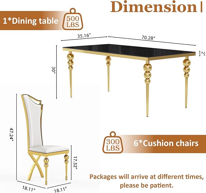 Glass Dining Table Set for 6, Luxurious 70 Inch Rectangular Kitchen Table with Black Tempered Glass Top, 6 White PU Leather Cushion Chairs for Dining Room, Restaurant, Living Room