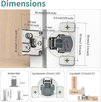 60 Pack 1/2" Overlay 3D Soft Close Hinges for Face Frame Kitchen Cabinet, 3 Way Adjust, Self Closing Concealed Cabinet Hinges-105 Degree