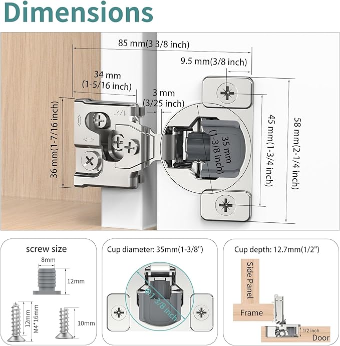 50 Pack 1/2" Overlay 3D Soft Close Hinges for Face Frame Kitchen Cabinet, 3 Way Adjust, Self Closing Concealed Cabinet Hinges-105 Degree
