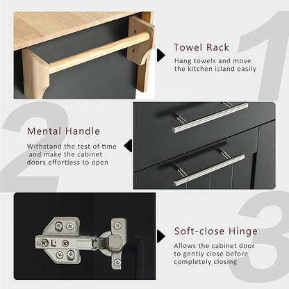 Modern Dining Table Kitchen Island with Drop Expandable Cart 3 Tier Pull Out Cabinet Organizer Internal Rack Rolling Cart on Wheels with Towel Rack,Black-Wood