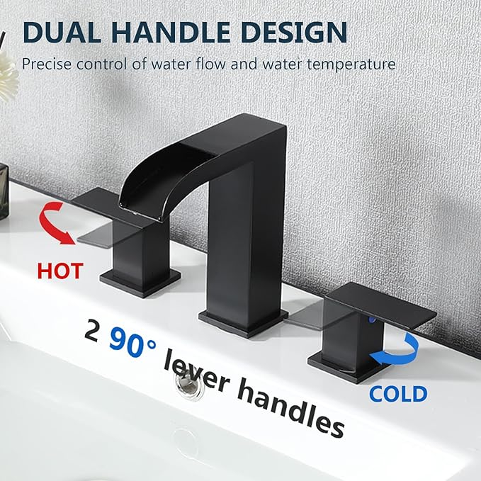 VCCUCINE Black Bathroom Faucet 3 Hole, 8 Inch Widespread Square Waterfall Bathroom Sink Faucet,Matte Black Vanity Bathroom Faucets for Vanity, Restroom, Commercial with Pop Up Drain and Supply Lines