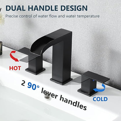 VCCUCINE Black Bathroom Faucet 3 Hole, 8 Inch Widespread Square Waterfall Bathroom Sink Faucet,Matte Black Vanity Bathroom Faucets for Vanity, Restroom, Commercial with Pop Up Drain and Supply Lines
