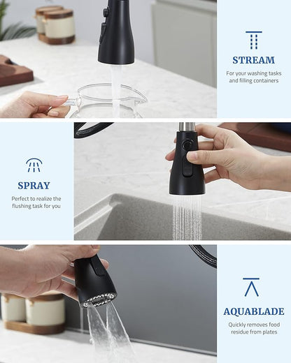 Metal Kitchen Faucet Head Replacement - with 15 Adapters, Pull Down Spray Head for Kitchen Faucet, 3 Function Sprayer Nozzle Stainless Steel, Matte Black