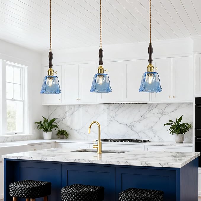 Blue Glass Vintage Pendant Light Height Adjustable Handmade Glass Pendant Lights Kitchen Island Gold Hanging Light Fixture with Wood Handle for Bedroom Dining Room Hotel (2 Pack)