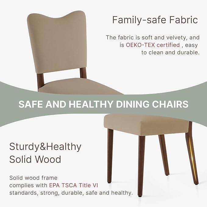 KISLOT Upholstered Dining Chairs Set of 2, Modern Velvet Kitchen Chairs with Solid Wood Legs, High Back Wooden Dining Room Chairs with Dark Walnut Color Legs for Farmhouse Kitchen Dining Room, Brown