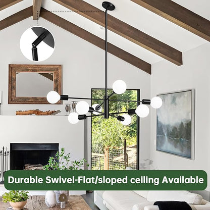 RUIYEY Modern Sputnik Chandeliers Light, 8-Light Black Chandeliers for Dining Room, Height Adjustable Ceiling Lights Farmhouse Chandelier for Kitchen Island Living Room Bedroom
