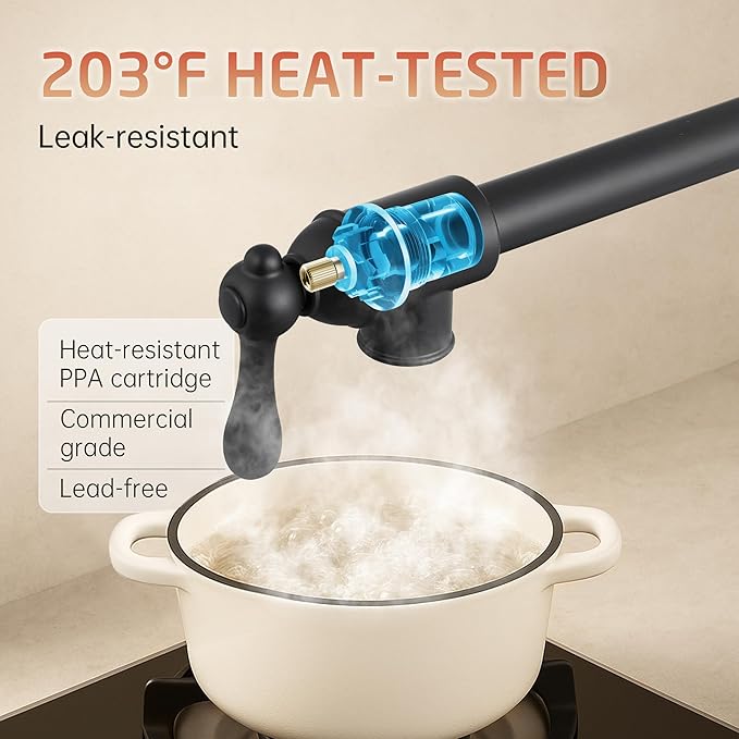 KES Upside Down Pot Filler Faucet with Heat-Resistant Cartridge, 26'' No Lead 18/8 Stainless Steel Over Stove Kitchen Pot Filler Faucets with Double Joints 360° Swing Arm Wall Mount, Black