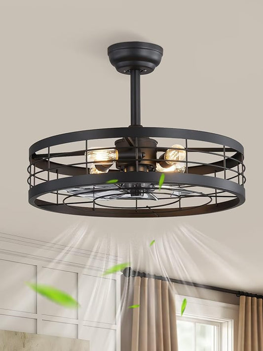 LEDIARY 22 inch Black Caged Ceiling Fan with Light, Bladeless Industrial Ceiling Fan with Remote, Farmhouse Fan Lights Ceiling Fixtures for Kitchen, Bedroom, Outdoor（6 Speed, Timing）-Black