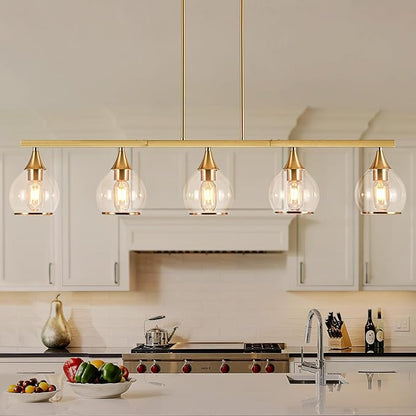 Island Light for Kitchen, 5-Light Gold Kitchen Island Linear Hanging Light Chandeliers, Brushed Gold Dining Room Light Fixture Over Table with Clear Round Glass Shades